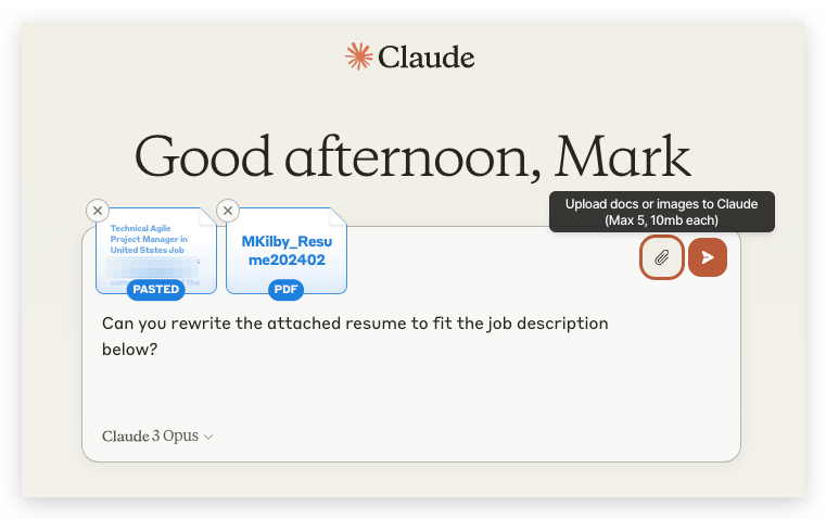 Screen capture for entering the prompt, job description, and your resume in the current paid version of Claude.ai (Claude 3 Opus)