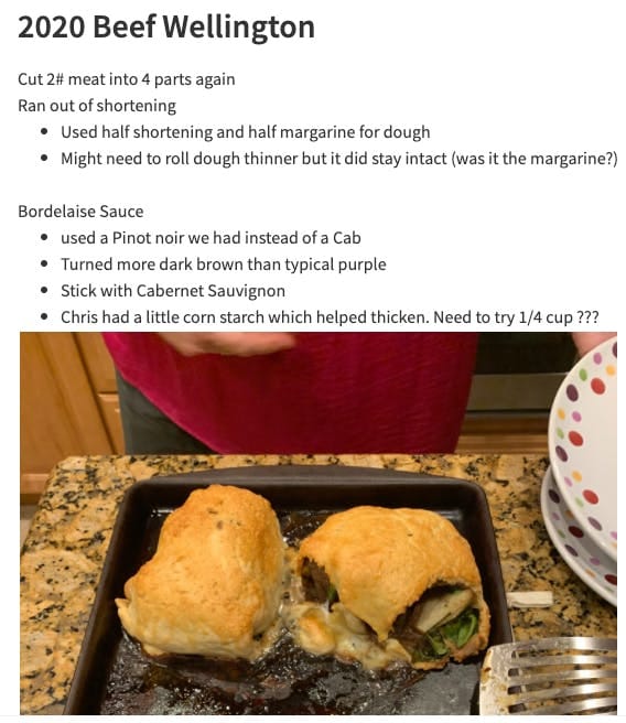 A screenshot of a beef wellington recipe with photo of my 2020 welly dish