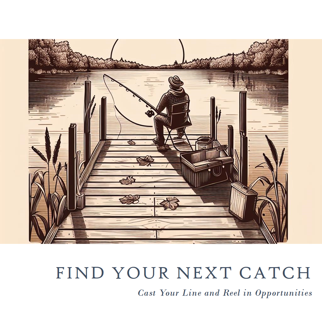 Cartoon of a fisherman on a dock at sunrise, facing a tranquil lake surrounded by woods, with fishing gear behind him.