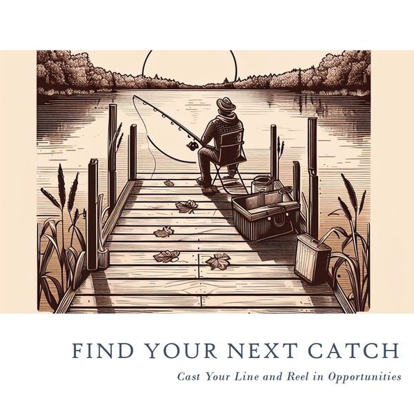 Cartoon of a fisherman on a dock at sunrise, facing a tranquil lake surrounded by woods, with fishing gear behind him.