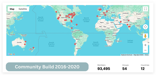 A Google Map highlighting the 50+ professional groups I helped support which included over 93,000 people across 12 countries.